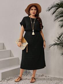 EMERY ROSE 大码纯色简约圆领短袖休闲日常连衣裙，女士夏季服装/夏季，热带度假女装 - 黑色 - 查看 3