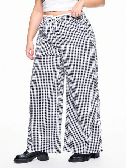 Plus Size Plaid Bow Side Pants, Summer Outfits
