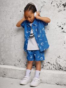 SHEIN 2pcs/Set Young Boy Casual School Short Sleeve Shirt + Printed T-Shirt + Shorts, Suitable For Sports, Outdoors, School, Spring/Summer Seasons - Blue - View 4