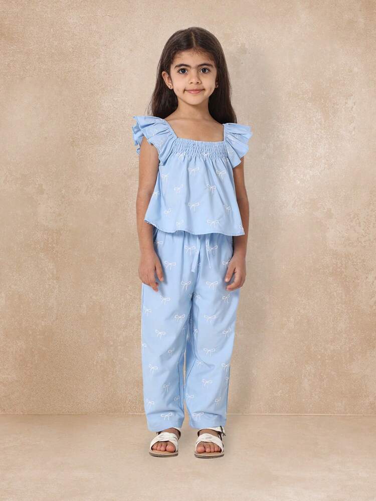 Bow Print Flutter Sleeve Smocked T-Shirt Ruffle Pants Co-Ord