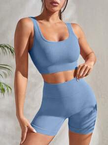 Seamluxe SHEIN Sport 罗纹针织宽腰运动套装女士健身套装女士健身套装健身房女装