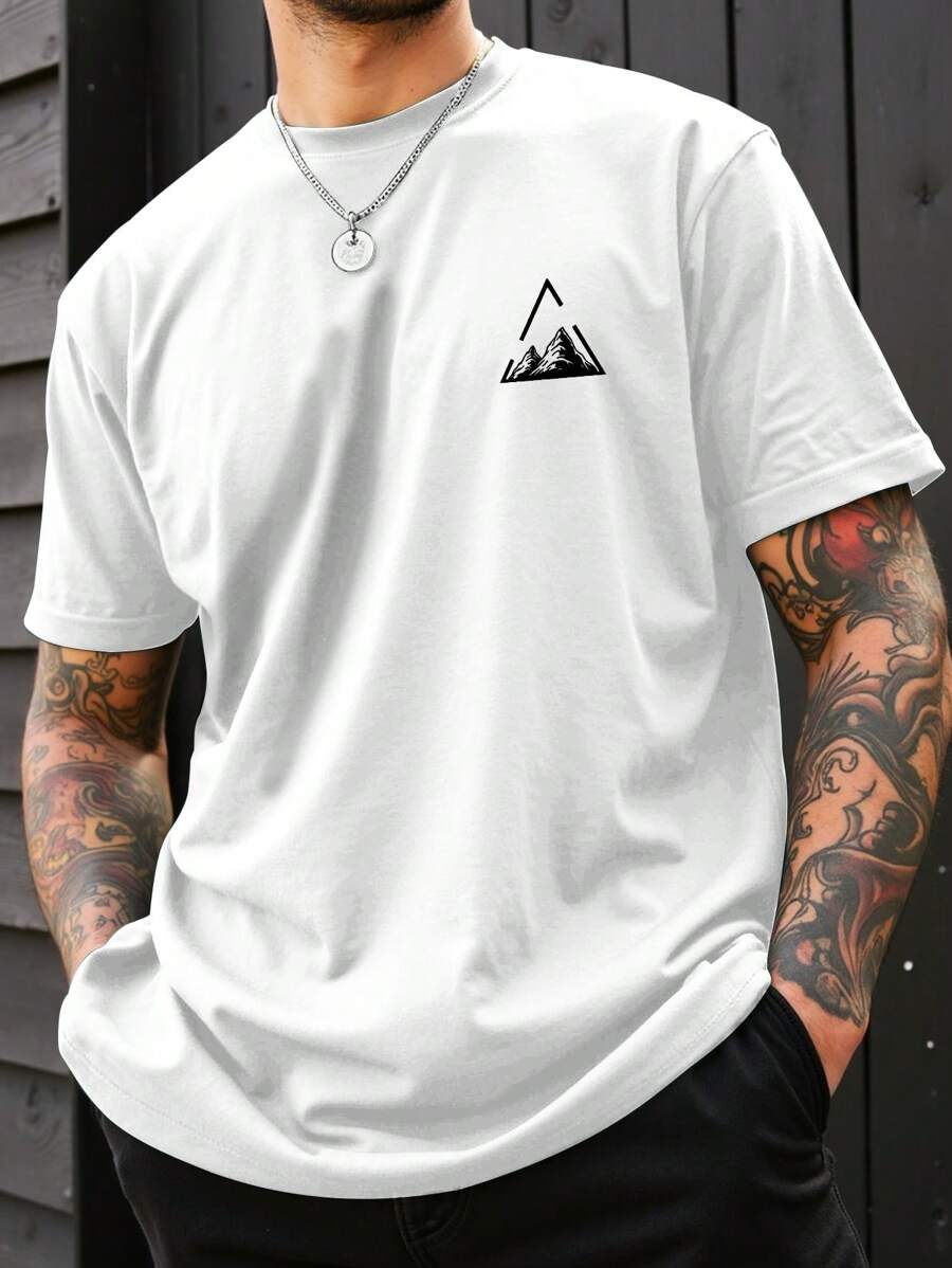 Manfinity Homme 大码男式山地印花圆领短袖休闲 T 恤 - 白色 - 查看 1
