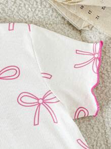 SHEIN Vintaside Kids 2 件装婴儿/幼儿可爱甜美时尚休闲舒适柔软针织蝴蝶结图案撞色罗纹设计圆领短袖 T 恤上衣和紧身裤套装，粉色 OOTD，适合春夏室内外穿着 - 白色 - 查看 3