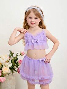 SHEIN Leap Crew 2 件套年轻女孩泳衣，带网眼荷叶边上衣和下装 - 紫色 - 查看 3