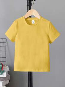 SHEIN Young Girl' Yellow Crew Neck Short Sleeve Basic T-Shirt Young Girls T Shirt Young Girls Summer T Shirt Kids - Yellow - View 2