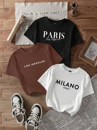 SHEIN EZwear 3 件套休闲简约 MLANO 英文文字印花圆领短袖短款 T 恤女款夏季