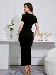 Modelyn 女士圆领短袖系腰修身紧身连衣裙长款女士装长款晚礼服 - 黑色 - 查看 2