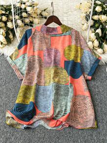 Linhara Women Plus Size Geometric Print Button Front Short Sleeve Blouse - Orange - View 2