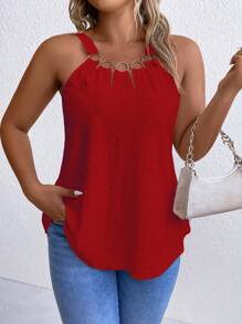 Breezaya Plus Size Casual Solid Color Round Decor Tank Top, Summer - Red - View 3