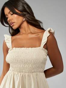 MISSGUIDED Shirred Bodice Summer Mini Dress With Ruffle Straps And Tiered Skirt Perfect For Beach Vacation Resort Wear Garden Party Cotton Poplin Sundress,Graduation Dresses - Apricot - View 4