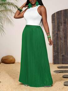 Slaydiva Neuer Frühlings- und Sommer-Lässig- und eleganter runder Ausschnitt ärmellose verkürzte weiße gestrickte Rennweste + plissierter Rock langer Rock grüner Damen Zweiteiler-B