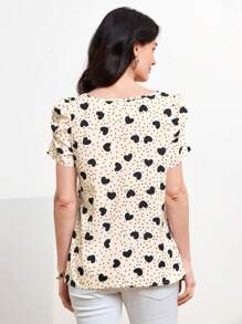 Miaspire Polka Dot & Heart Print Puff Sleeve Keyhole Neck Blouse - Black and White - View 2
