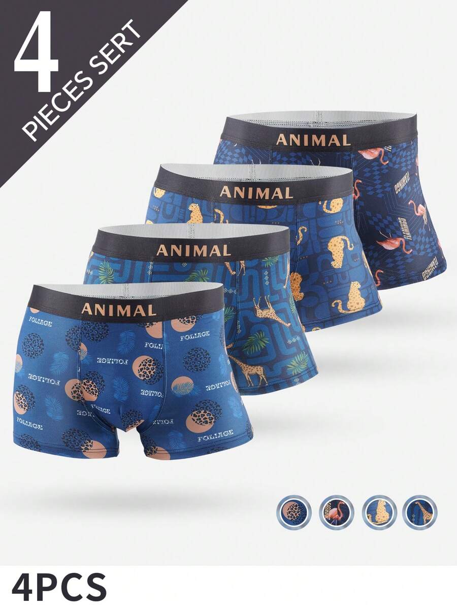 4 Pairs Men's Comfortable Breathable Letter Printed Boxer Briefs - Multicolor - View 1