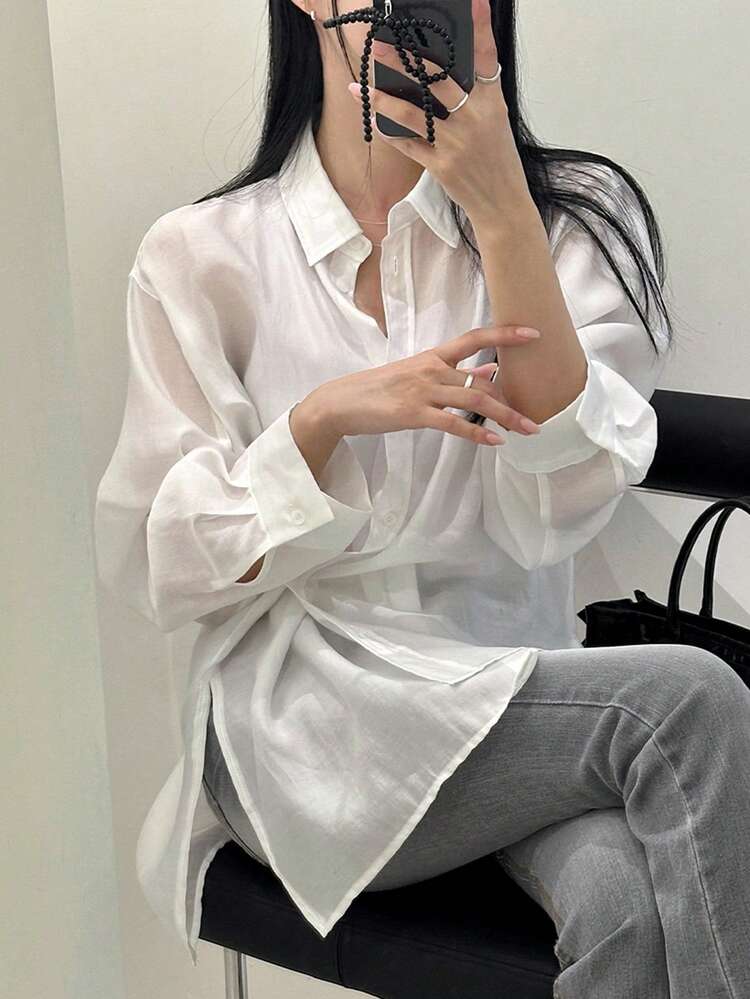 Loose Fit Turn-Down Collar Plain White Long Sleeve Shirt Business Women Attire