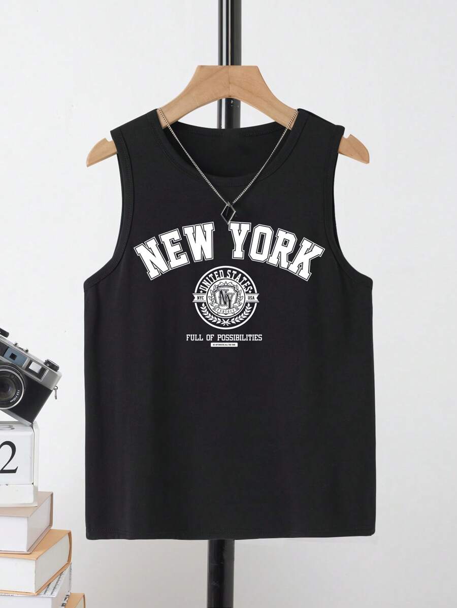 SHEIN Teen Boy Casual & Simple Letter Print Sleeveless Top, Suitable For Summer