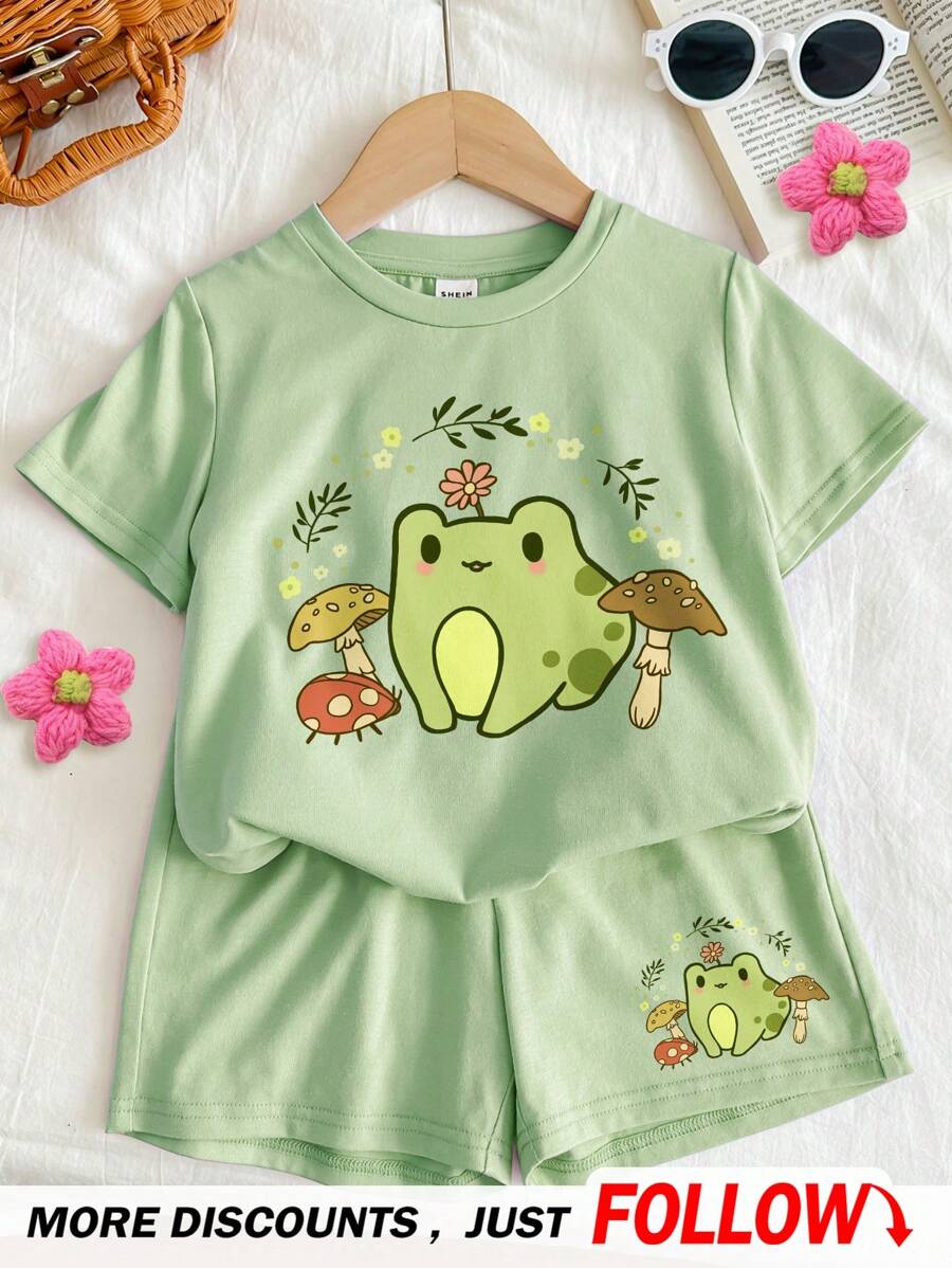 SHEIN Leap Crew Bộ 2 áo thun tay ngắn và quần short in hình chú ếch dễ thương phong cách đồng quê cho bé gái tuổi teen, chất liệu cotton pha trộn, mùa hè - màu xanh lá - Xem 1