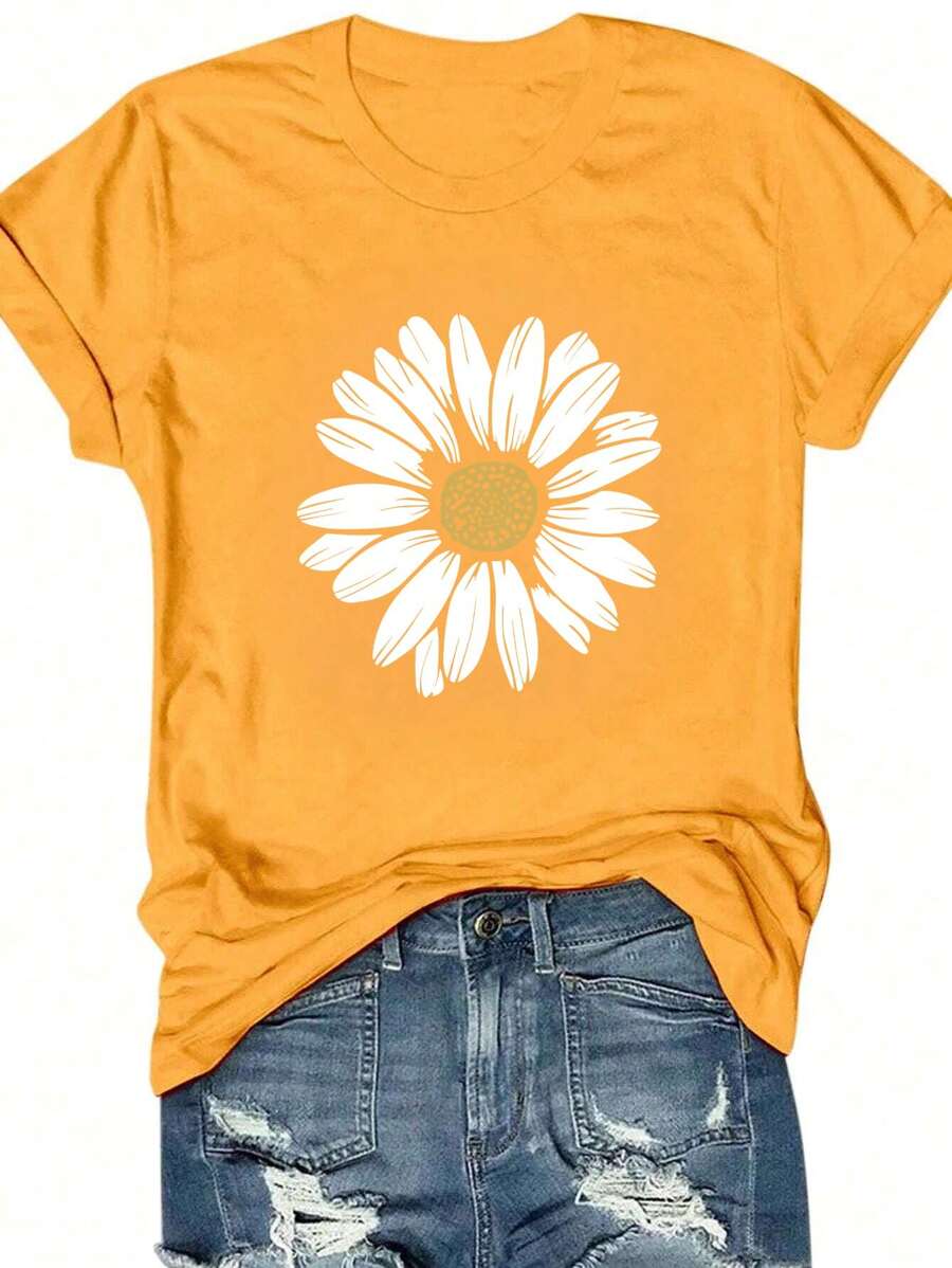 SHEIN LUNE Plus Size Summer Casual Floral Print Short Sleeve T-Shirt - Yellow - View 1