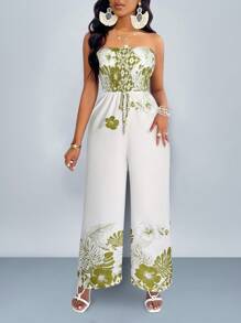 SOLERSUN Gathered Wide Leg Jumpsuit With Drawstring And Floral Leaf Print - White - View 4