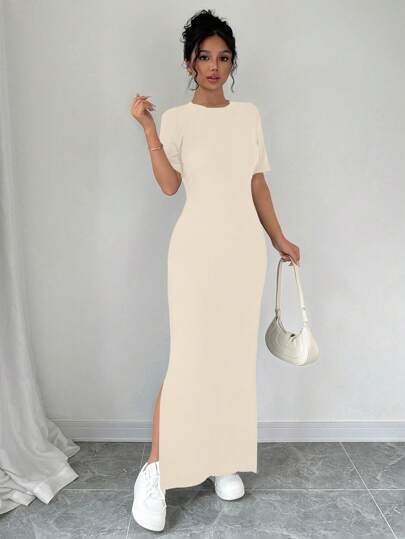 Selianne Vestido largo de mujer con cuello en V, dobladillo dividido y unicolor de manga corta