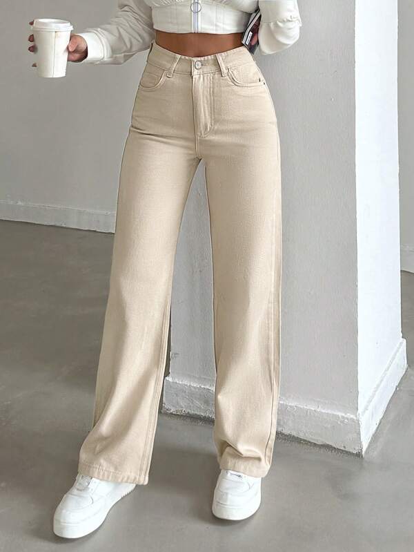 100% Baumwolle Damen einfarbige High Waist Straight Leg Jeans