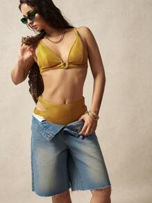 VARSIVA Women's Solid Color Ring Decor Halter Bikini Top - Gold - View 3