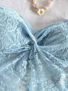 Soleia 女式针织纹理拼接弹力蕾丝面料扭曲前开衩下摆吊带背心上衣，适合度假、毕业典礼、派对、情人节、所有季节 - 淺藍色 - 查看 3