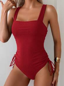 Swim Chiccia 1 件女式纯色细肩带简约连体泳衣，夏季时尚