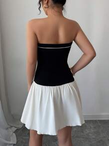 INAWLY 女式夏季撞色抹胸紧身休闲短裙 - 黑色 - 查看 2