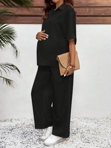 SHEIN 2pcs Maternity Set - Solid Color Short Sleeve Kimono Top And Adjustable Waist Pants, Casual - Black - View 5
