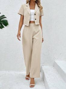 Chiquease 2 件套夏季休闲/商务短袖夹克和裤子套装 - 杏色 - 查看 6