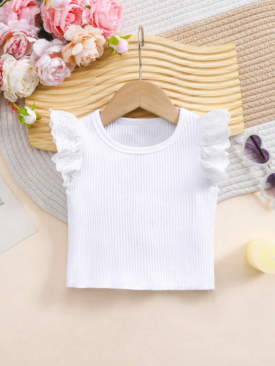 Baby Girl Casual Simple Versatile White Hollow Embroidery Patchwork Ribbed Knit Blouse Top, Spring/Summer - White - View 1