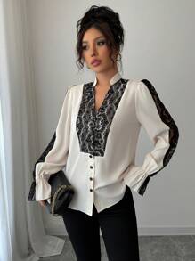 Elenzga Notched Collar Lace Patchwork Color Block Elegant Long Sleeve Blouse - Apricot - View 3