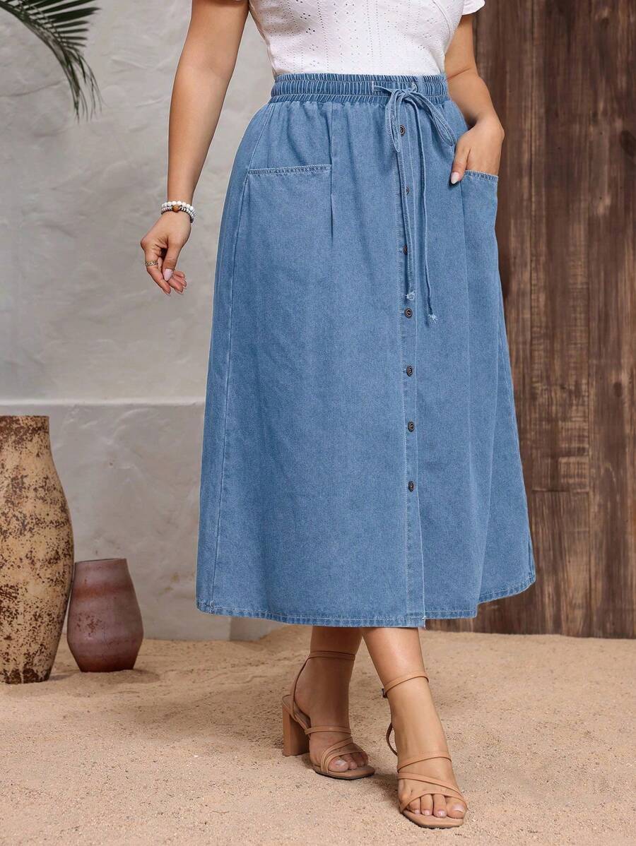 EMERY ROSE 大码女式腰带口袋休闲单排扣牛仔迷你裙 - 淺色水洗藍 - 查看 1