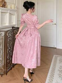 DAZY 1pc Women's Solid Color V-Neck Tie Strap Asymmetric Hem Mid-Length Dress - Pink - View 2