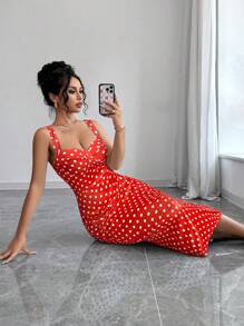 Firerie 女士优雅节日复古音乐节波尔卡圆点心形领口紧身中长吊带背心连衣裙 - 紅色 - 查看 6