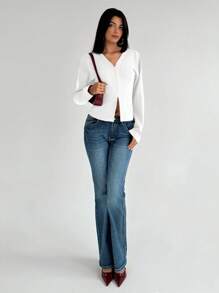 Aloruh Camisa de punto burdeos de manga larga con cuello en V y manga raglán al estilo francés vintage para mujer - Blanco - Ver 7