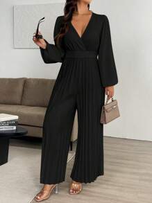 SHEIN Clasi 女式加大码优雅纯色 V 领灯笼袖长款连体裤 - 黑色 - 查看 3