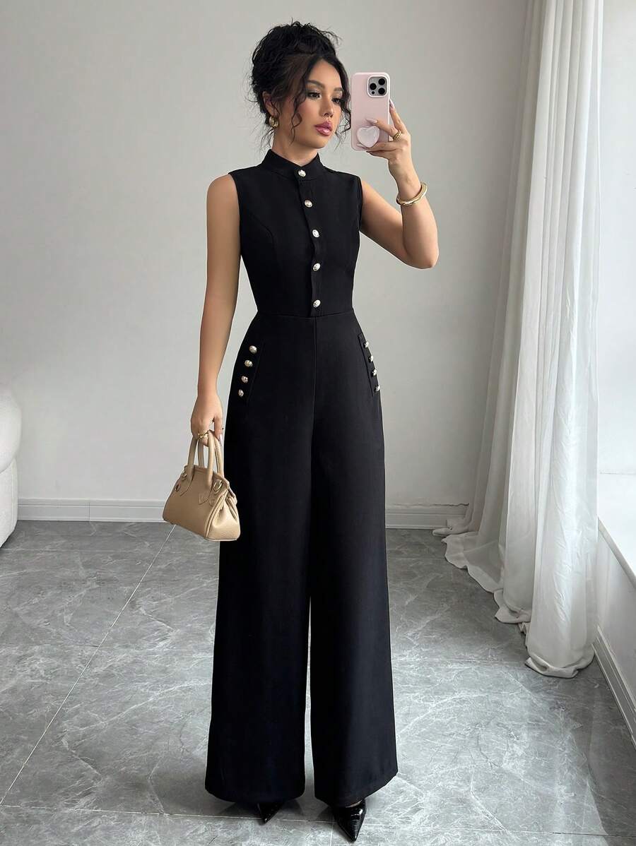 Elenzga Solid Coloured Stand Collar Button Decor Sleeveless Elegant Women Jumpsuit - Black - View 1