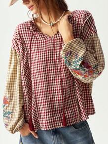 Bohemela 休闲格子 V 领拼接长袖宽松女式衬衫 - 彩色 - 查看 4