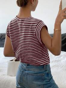 Siren Gaze Áo thun nữ cổ tròn tay ngắn kẻ sọc đơn giản đa năng - Đỏ và trắng - Xem 2