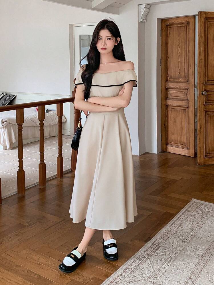 Women's Summer Off-Shoulder Color Block Short Sleeve Cinch Waisted A-Line Midi Dress, Elegant Casual Elegant Sundress
