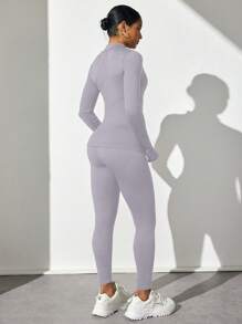 Easithlete Set sport asortat pentru femei, cu mânecă lungă și fermoar, culoare solidă, bluză și pantaloni, seturi de antrenament pentru femei - Multicolor - Vizualizare 3