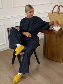 Livesso 女士圆领短袖连体裤，休闲都市街头牛仔连体裤 - 深色水洗藍 - 查看 4