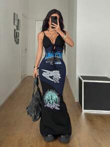 Coolane Women's Summer Y2K Streetwear Vacation Outfits  Western Wear  Cowgirl  Dark Academia Grunge Graphics Contrast Lace Slim Fit Maxi Tank Gyaru  Long Dress ,  New Arrivals Women Dress - Black - View 1