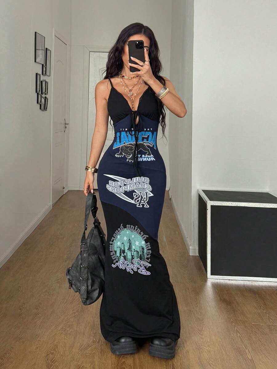 Coolane Women's Summer Y2K Streetwear Vacation Outfits  Western Wear  Cowgirl  Dark Academia Grunge Graphics Contrast Lace Slim Fit Maxi Tank Gyaru  Long Dress ,  New Arrivals Women Dress - Black - View 1