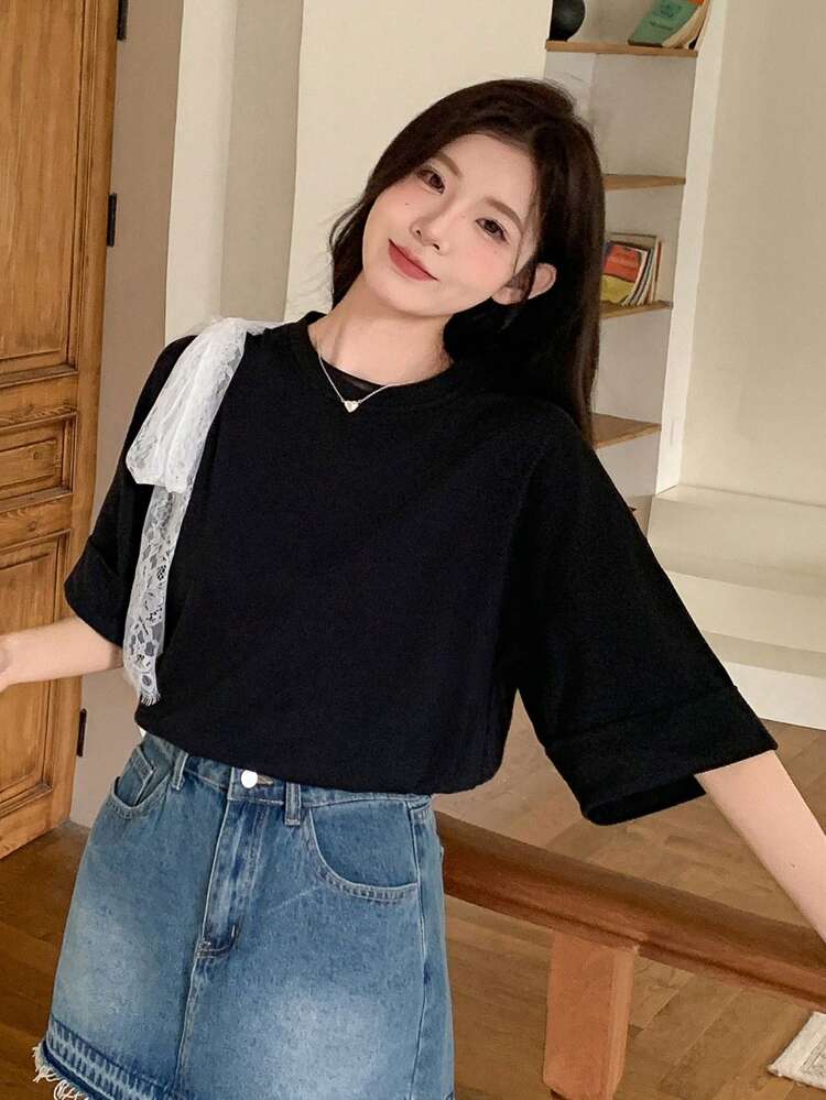 Women's Summer Design Sense Colorblock Bowknot Short Sleeve Loose T-Shirt