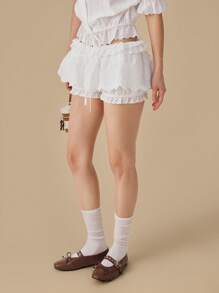 Muvela Women's Ruffle Hem Floral Embroidery Casual Culottes - White - View 6