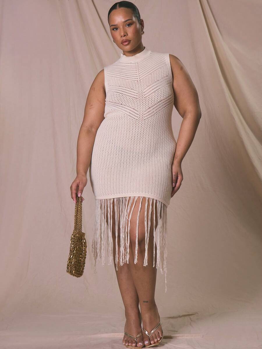 MUSERA Plus Size High Neck Pattern Knit Fitted Hem Trim Midi Dress For , Outfit, Holiday, Elegant Autumn Winter Fall