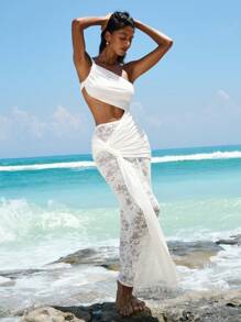 Opulessa 女士纯色针织修身抹胸连衣裙和低腰半身裙两件套 - 白色 - 查看 7