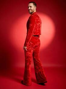 FeverCity Men's Fashionable Lapel Blazer And Bell-Bottom Suit Pants Set - Red - View 2